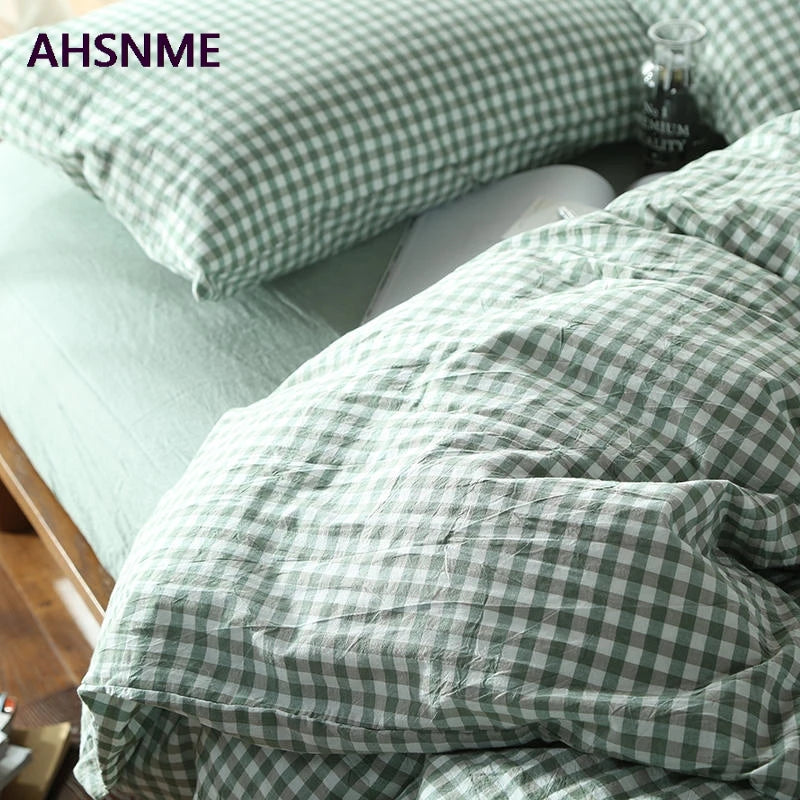 AHSNME 100% Cotton Nevresim Takımları – Super Soft Bedclothes, Cool Summer Light Green Small Plaid Duvet Cover, Comforter