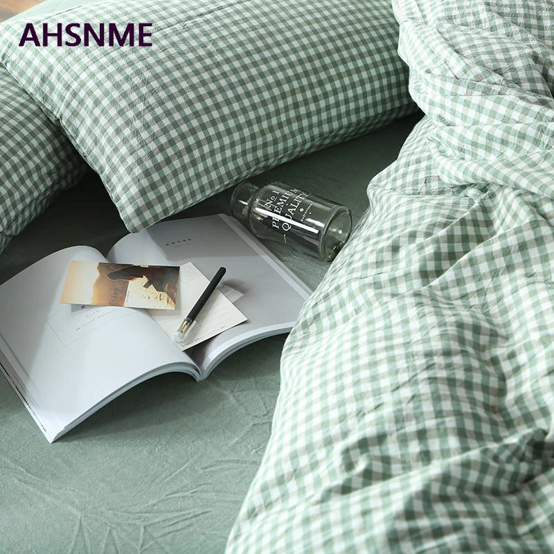 AHSNME 100% Cotton Nevresim Takımları – Super Soft Bedclothes, Cool Summer Light Green Small Plaid Duvet Cover, Comforter