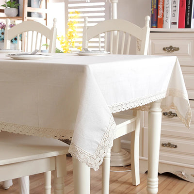 Christmas Linen Cotton Thicken Solid Tablecloth White Lace Hem Splice Washable Coffee Dinner Table Cloth for Wedding Banquet 