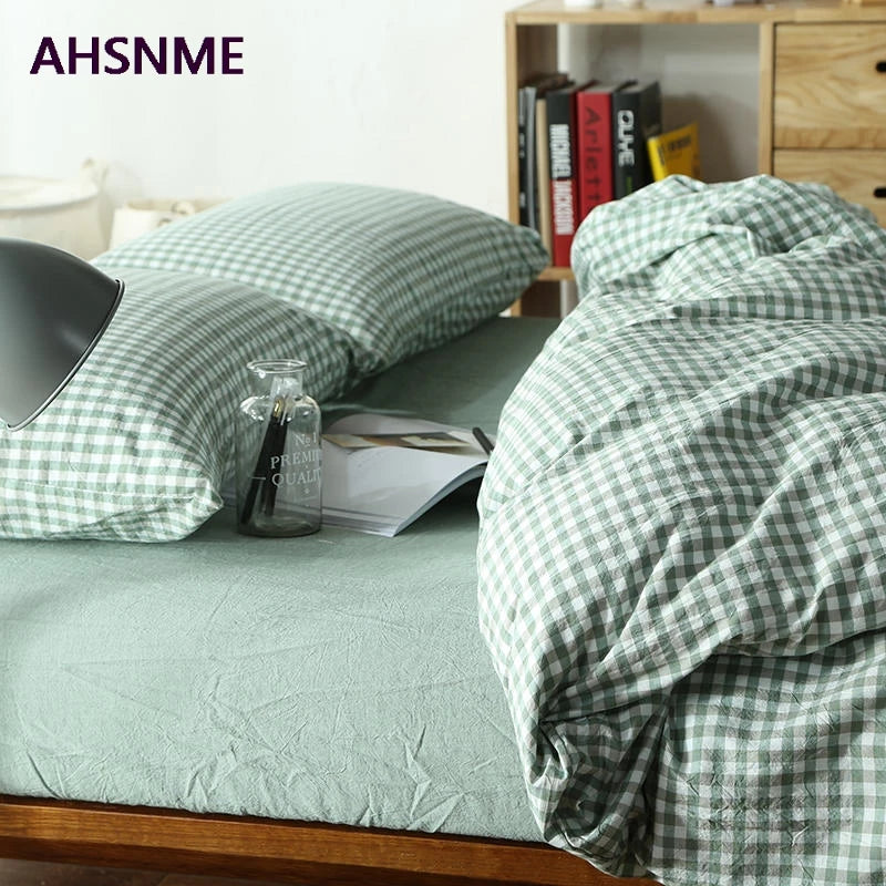 AHSNME 100% Cotton Nevresim Takımları – Super Soft Bedclothes, Cool Summer Light Green Small Plaid Duvet Cover, Comforter