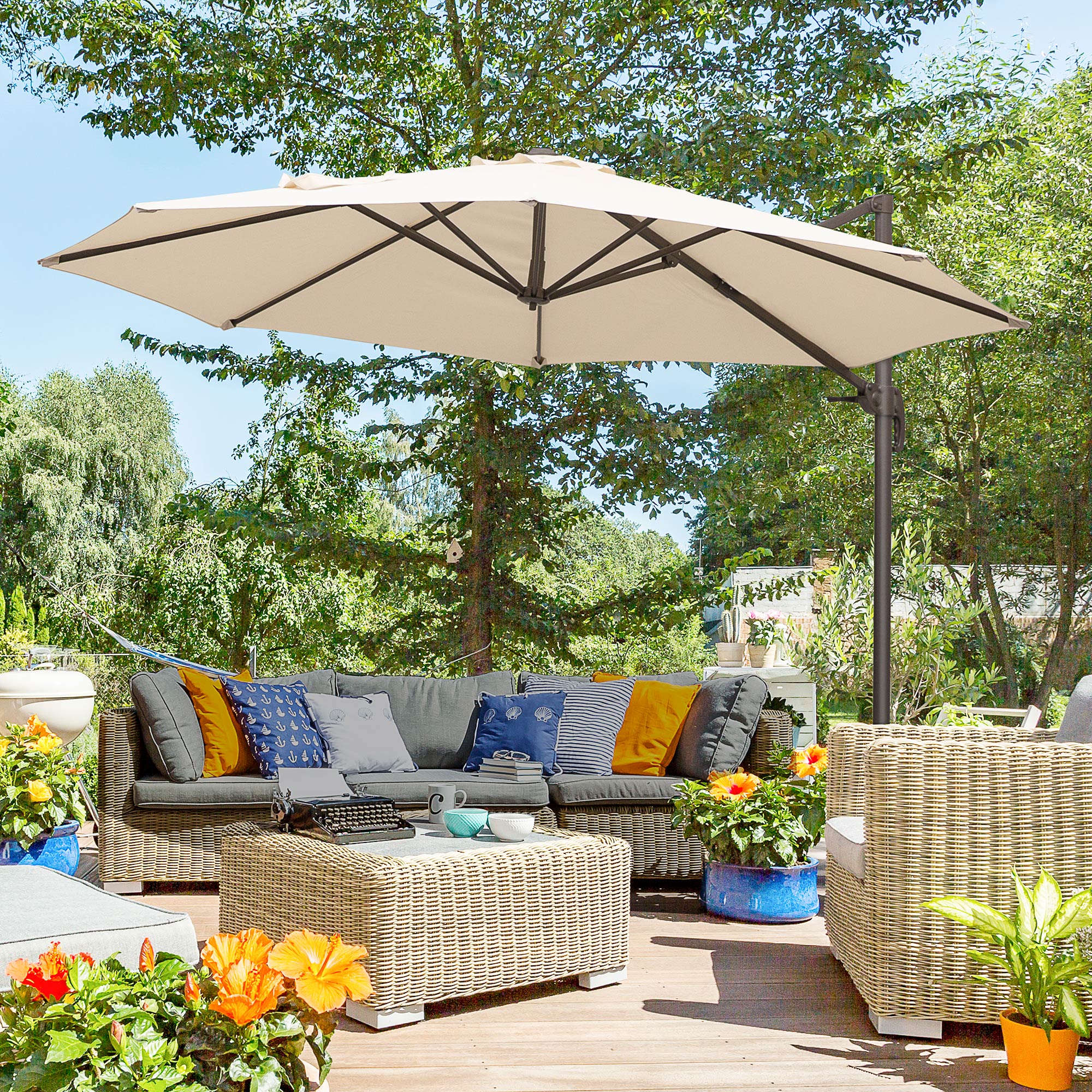 Outsunny Cantilever Umbrella Φ10ft Round Hanging Aluminium Patio 360° Rotatable Offset Parasol Cream White 