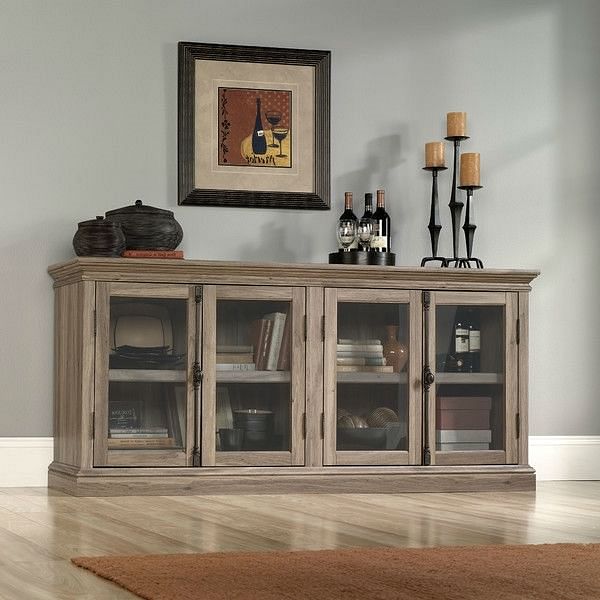 Salt Oak Wood Finish TV Stand with Tempered Glass Doors - Fits up to 80-inch TV - Free Shipping 