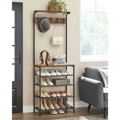 Modern Industrial Style Hall Tree Coat Rack Entryway Shoe Rack with 4 Shelves - Free Shipping 