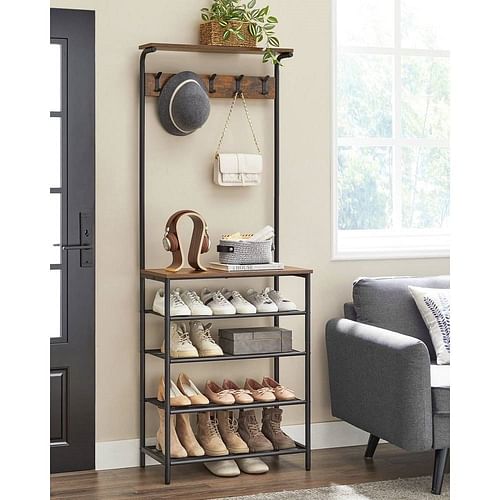 Modern Industrial Style Hall Tree Coat Rack Entryway Shoe Rack with 4 Shelves - Free Shipping