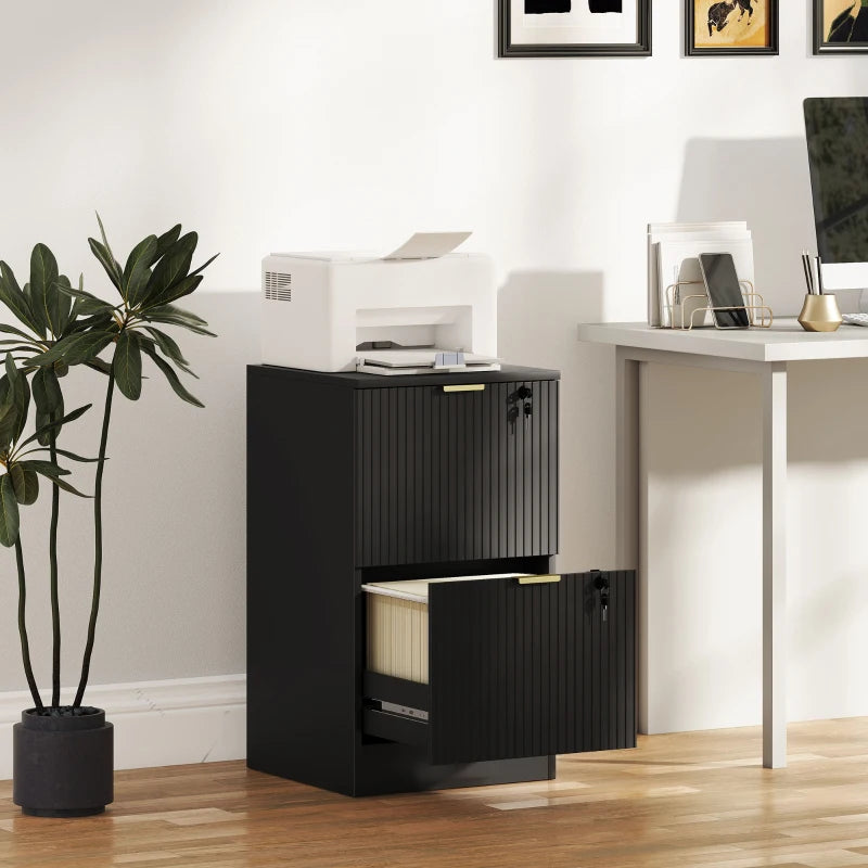Lockable Filing Cabinet with 2 Fluted Drawers, File Cabinet with Adjustable Hanging Rails for A4 Letter Files, Black