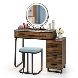 Vanity Table Set with 3-Color Lighted Mirror and Charging Station-Brown - Free Shipping