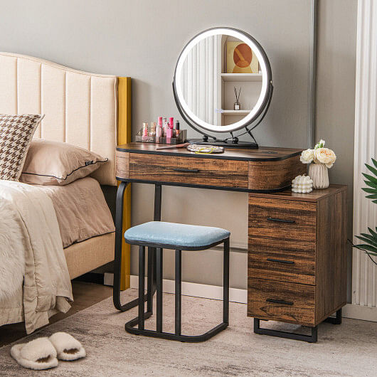 Vanity Table Set with 3-Color Lighted Mirror and Charging Station-Brown - Free Shipping