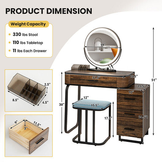 Vanity Table Set with 3-Color Lighted Mirror and Charging Station-Brown - Free Shipping