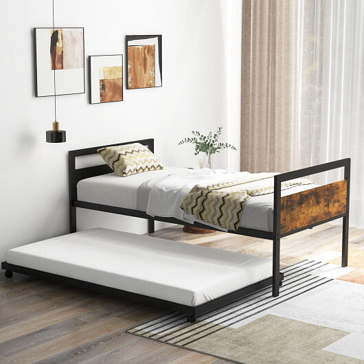 Twin Metal Daybed with Trundle Lockable Wheels-Twin Size - Free Shipping