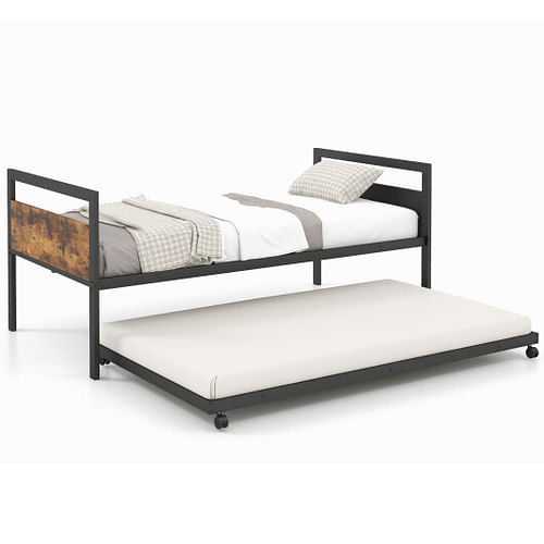 Twin Metal Daybed with Trundle Lockable Wheels-Twin Size - Free Shipping