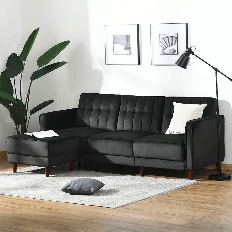Modern Mid-Century Reversible L-Shaped Sectional Sleeper Sofa in Black Velvet - Free Shipping 