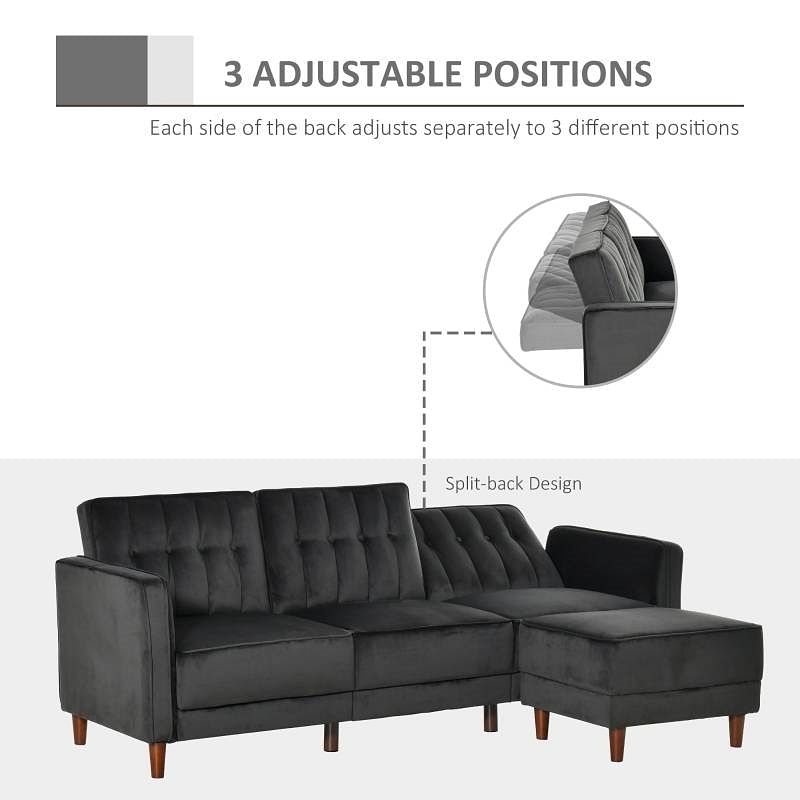Modern Mid-Century Reversible L-Shaped Sectional Sleeper Sofa in Black Velvet - Free Shipping 