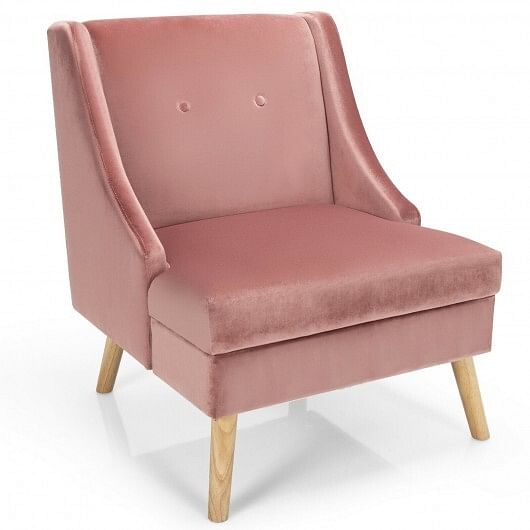 Velvet Wing Back Accent Chair with Rubber Wood Legs and Padded Seat for Living Room-Pink - Free Shipping