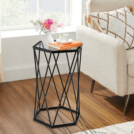 Hexagonal Accent End Table with Tempered Glass Top and Metal Frame - Free Shipping 