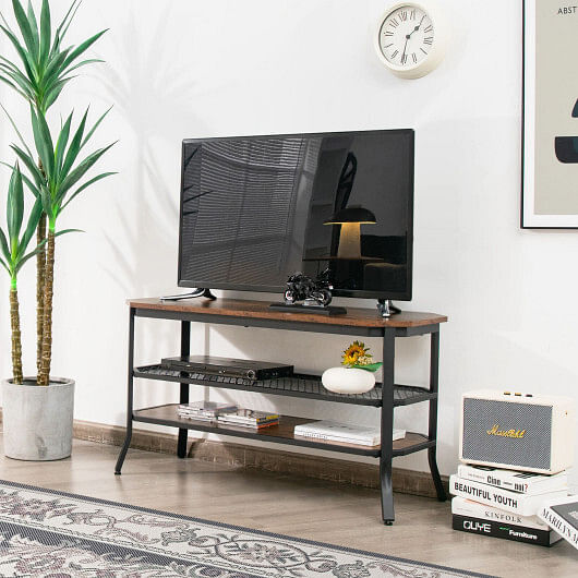 3-tier Console Table TV Stand with Mesh Storage Shelf-Rustic Brown - Free Shipping