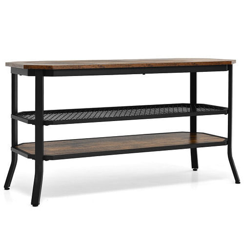 3-tier Console Table TV Stand with Mesh Storage Shelf-Rustic Brown - Free Shipping 