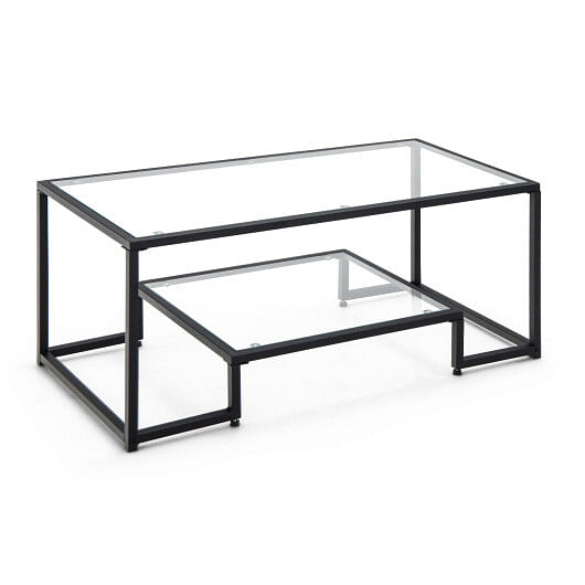 Modern 2-Tier Rectangular Coffee Table with Glass Table Top-Black - Free Shipping 