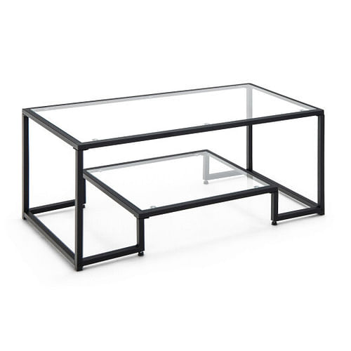 Modern 2-Tier Rectangular Coffee Table with Glass Table Top-Black - Free Shipping 