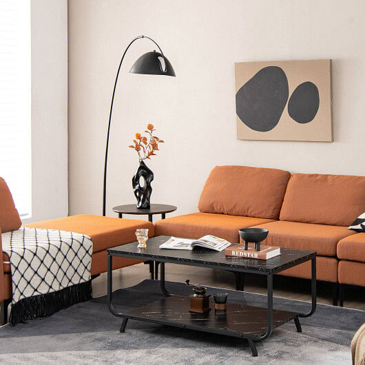 2-Tier Modern Marble Coffee Table with Storage Shelf for Living Room-Black - Free Shipping 