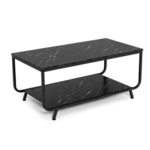 2-Tier Modern Marble Coffee Table with Storage Shelf for Living Room-Black - Free Shipping 