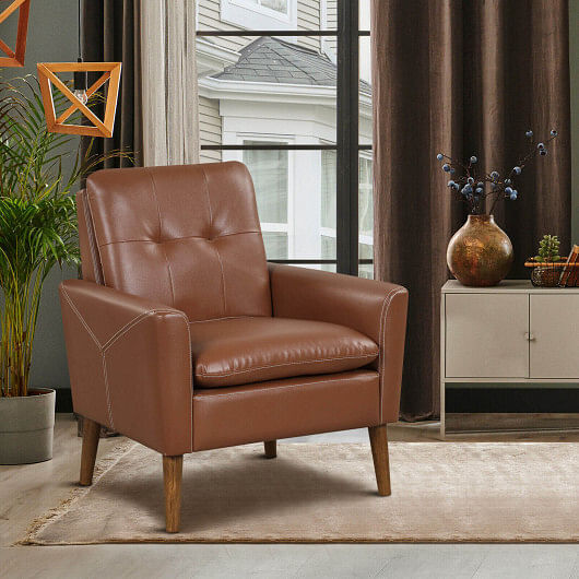 Modern PU Leather Accent Chair with Solid Wood Legs-Brown - Free Shipping