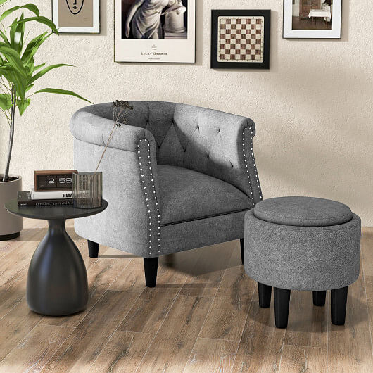 Modern Accent Chair with Ottoman Armchair Barrel Sofa Chair and Footrest-Grey - Free Shipping