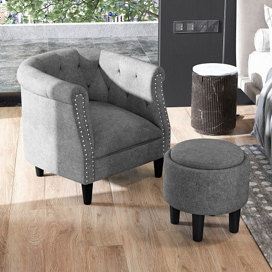 Modern Accent Chair with Ottoman Armchair Barrel Sofa Chair and Footrest-Grey - Free Shipping