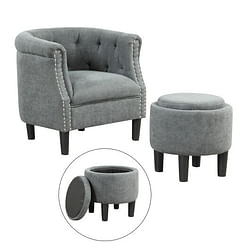 Modern Accent Chair with Ottoman Armchair Barrel Sofa Chair and Footrest-Grey - Free Shipping