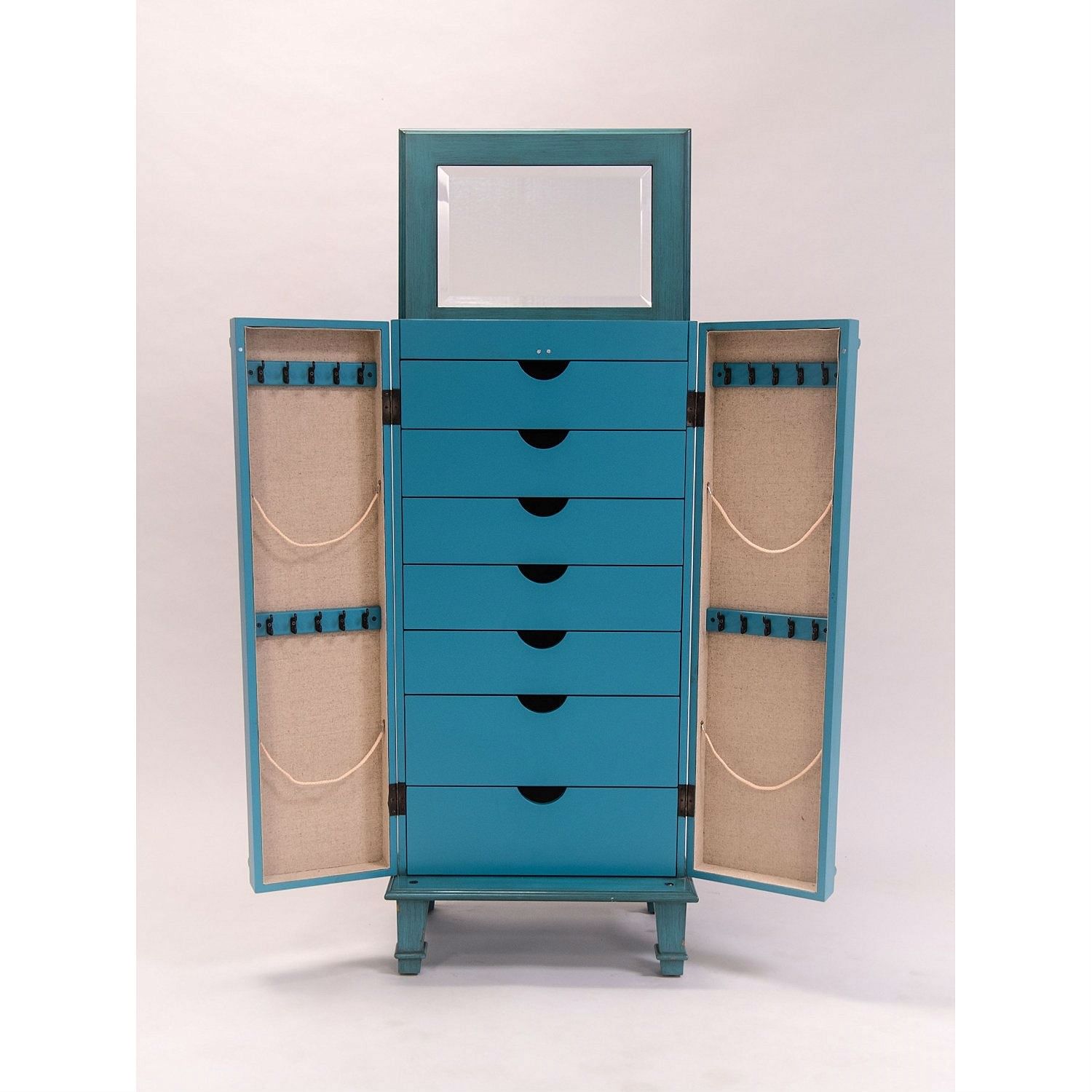 Vintage Turquoise Hand Painted Jewelry Armoire with Antique Drawer Pulls - Free Shipping