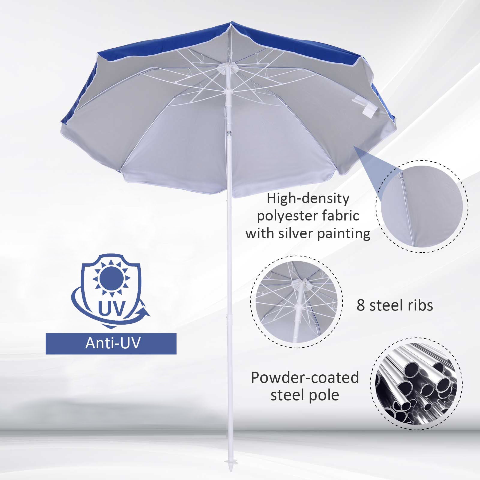 Outsunny 6.7ft Beach Umbrella with Push Button Tilt, Ruffled Outdoor Umbrella with Carry Bag and 8 Ribs, Blue 
