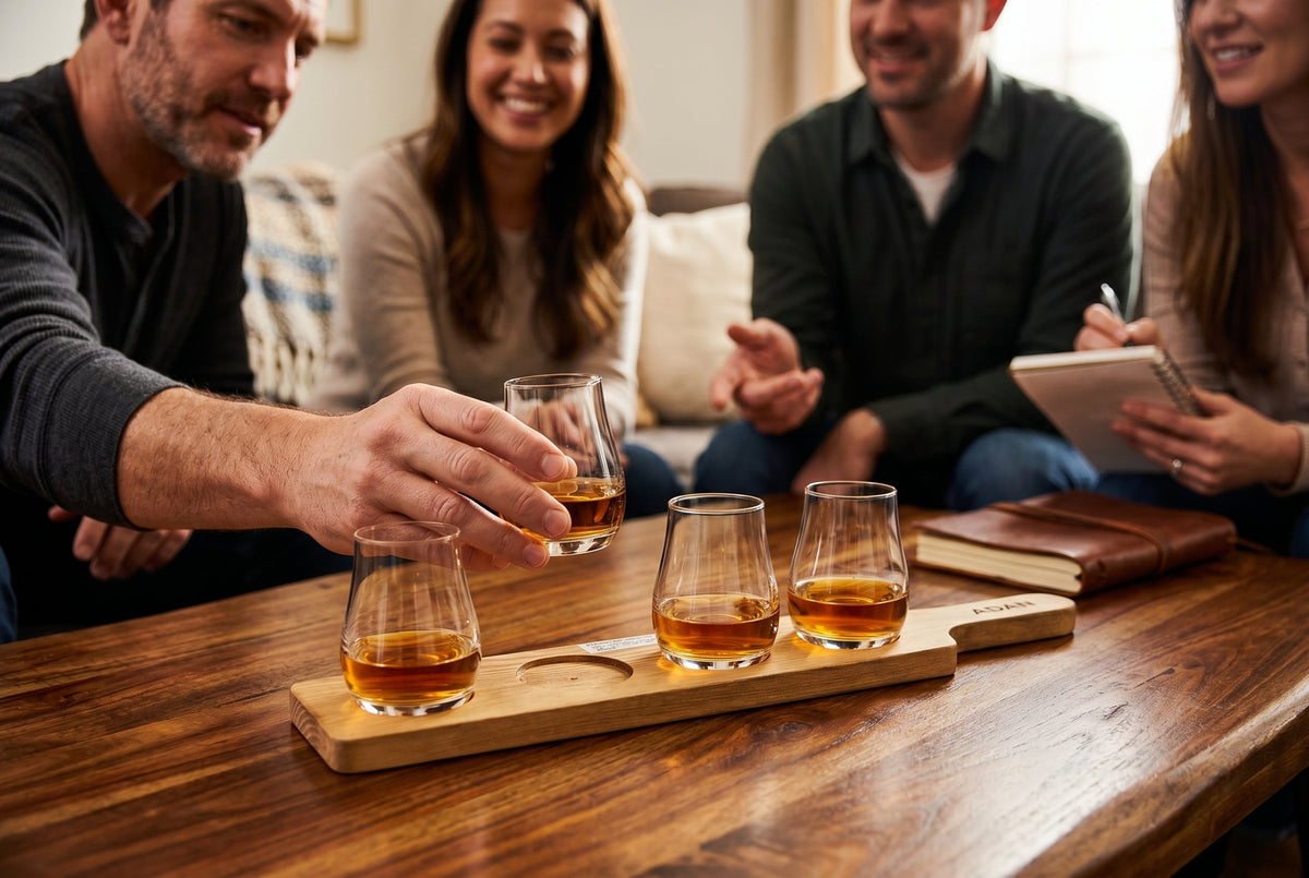 Beer Flight Board with 4 Tasting Glasses, 125 ml (4.2 oz), Acacia Wood – Adan