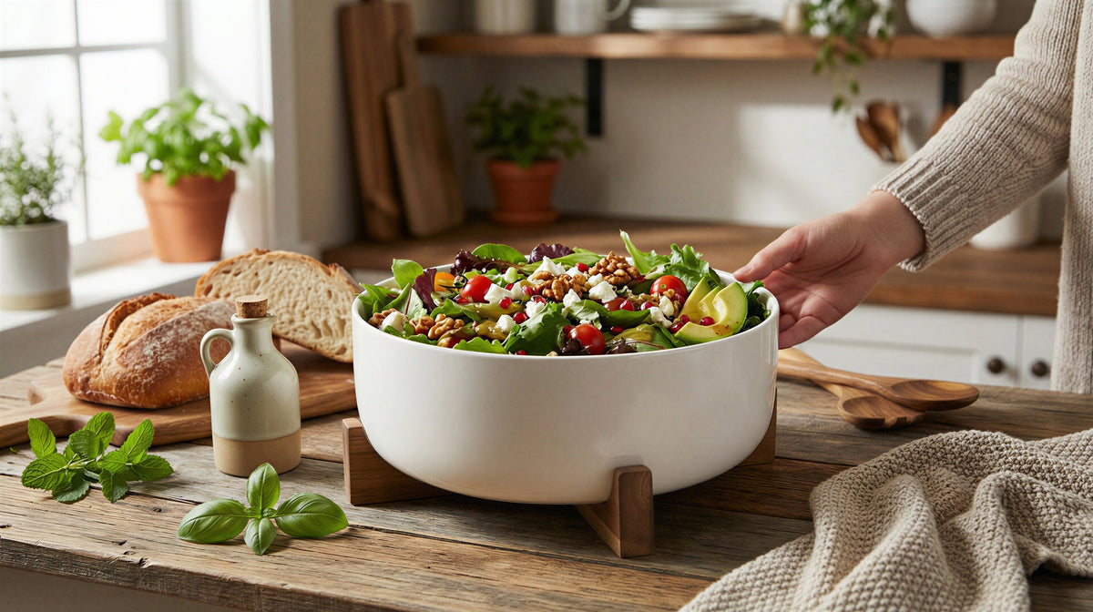 Serving Bowl with Acacia Wood Stand, White Porcelain, 24 cm (9.4 in), 2 Pieces