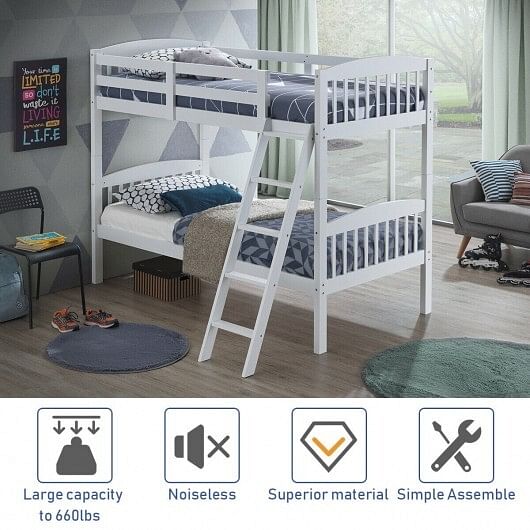 Solid Wood Twin Bunk Beds with Detachable Kids Ladder - Free Shipping