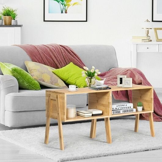 2 Pieces Bamboo Nightstand Sofa Table with Storage Shelf - Free Shipping 