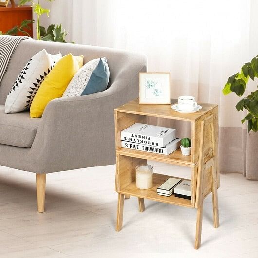2 Pieces Bamboo Nightstand Sofa Table with Storage Shelf - Free Shipping 