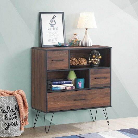 3-Tier Wood Storage Cabinet with Drawers and 4 Metal Legs - Free Shipping