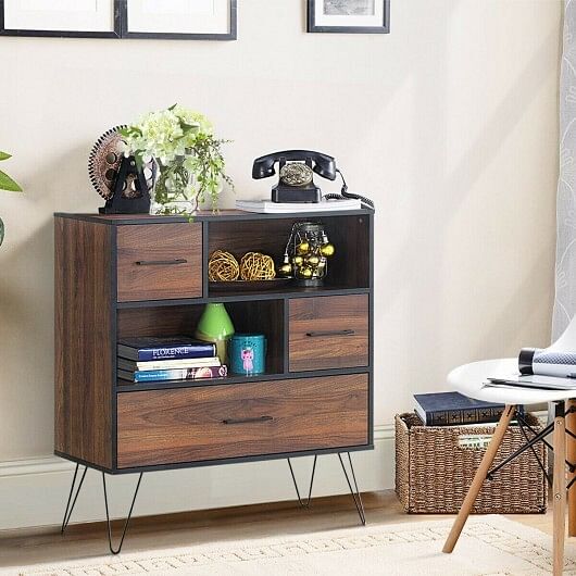 3-Tier Wood Storage Cabinet with Drawers and 4 Metal Legs - Free Shipping