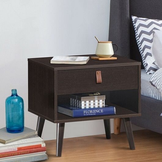 Nightstand Bedroom Table with Drawer Storage Shelf-Brown - Free Shipping