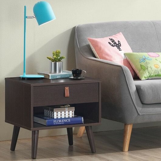 Nightstand Bedroom Table with Drawer Storage Shelf-Brown - Free Shipping