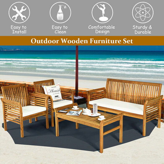 4 Pieces Outdoor Acacia Wood Sofa Furniture Set - Free Shipping 