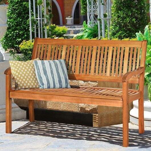 Two Person Solid Wood Garden Bench with Curved Backrest and Wide Armrest - Free Shipping