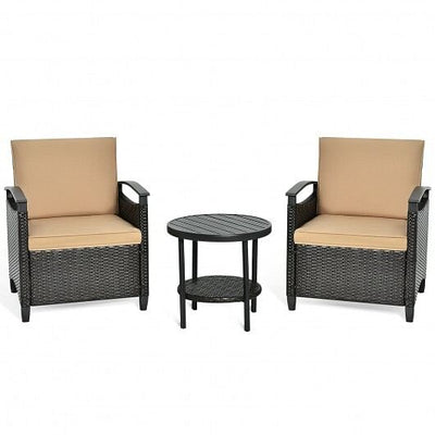 3 Pieces Patio Rattan Furniture Set Cushioned Sofa Storage Table with Shelf Garden - Free Shipping 