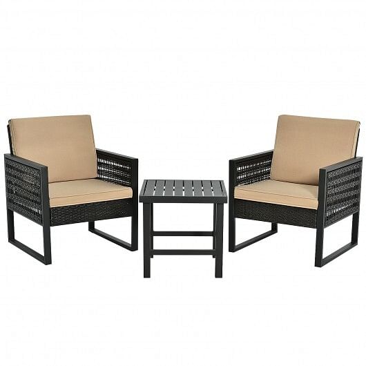 3 Pieces Patio Rattan Bistro Cushioned Furniture Set - Free Shipping 