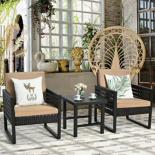 3 Pieces Patio Rattan Bistro Cushioned Furniture Set - Free Shipping 