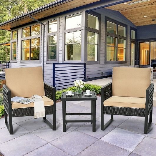 3 Pieces Patio Rattan Bistro Cushioned Furniture Set - Free Shipping 