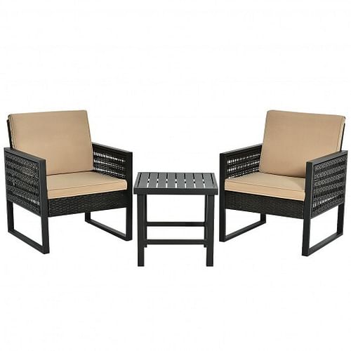 3 Pieces Patio Rattan Bistro Cushioned Furniture Set - Free Shipping 