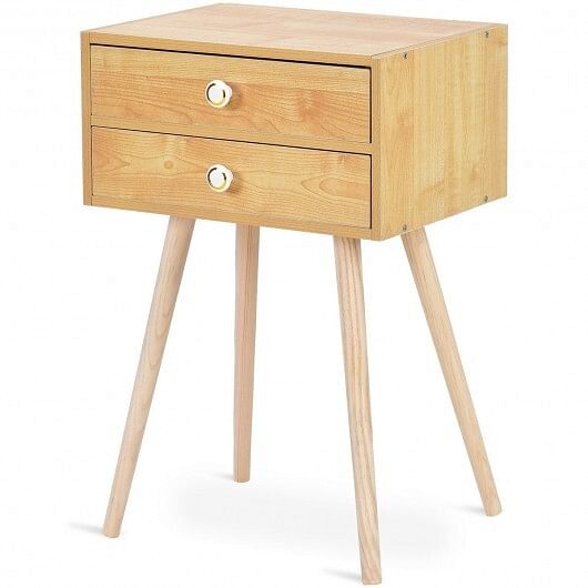 Nightstand Mid-century Modern Bedside Table with 2 Drawers-Natural - Free Shipping 