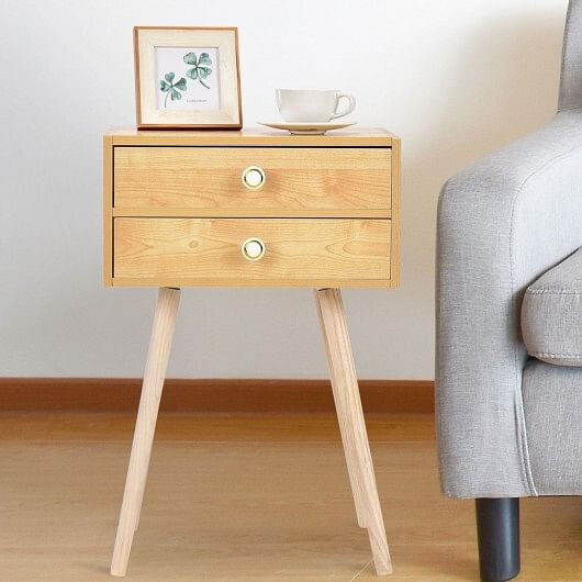 Nightstand Mid-century Modern Bedside Table with 2 Drawers-Natural - Free Shipping