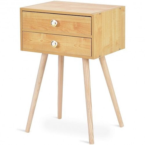 Nightstand Mid-century Modern Bedside Table with 2 Drawers-Natural - Free Shipping 