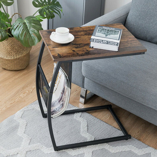 C-shaped Vintage End Table with Side Pocket and Metal Frame - Free Shipping